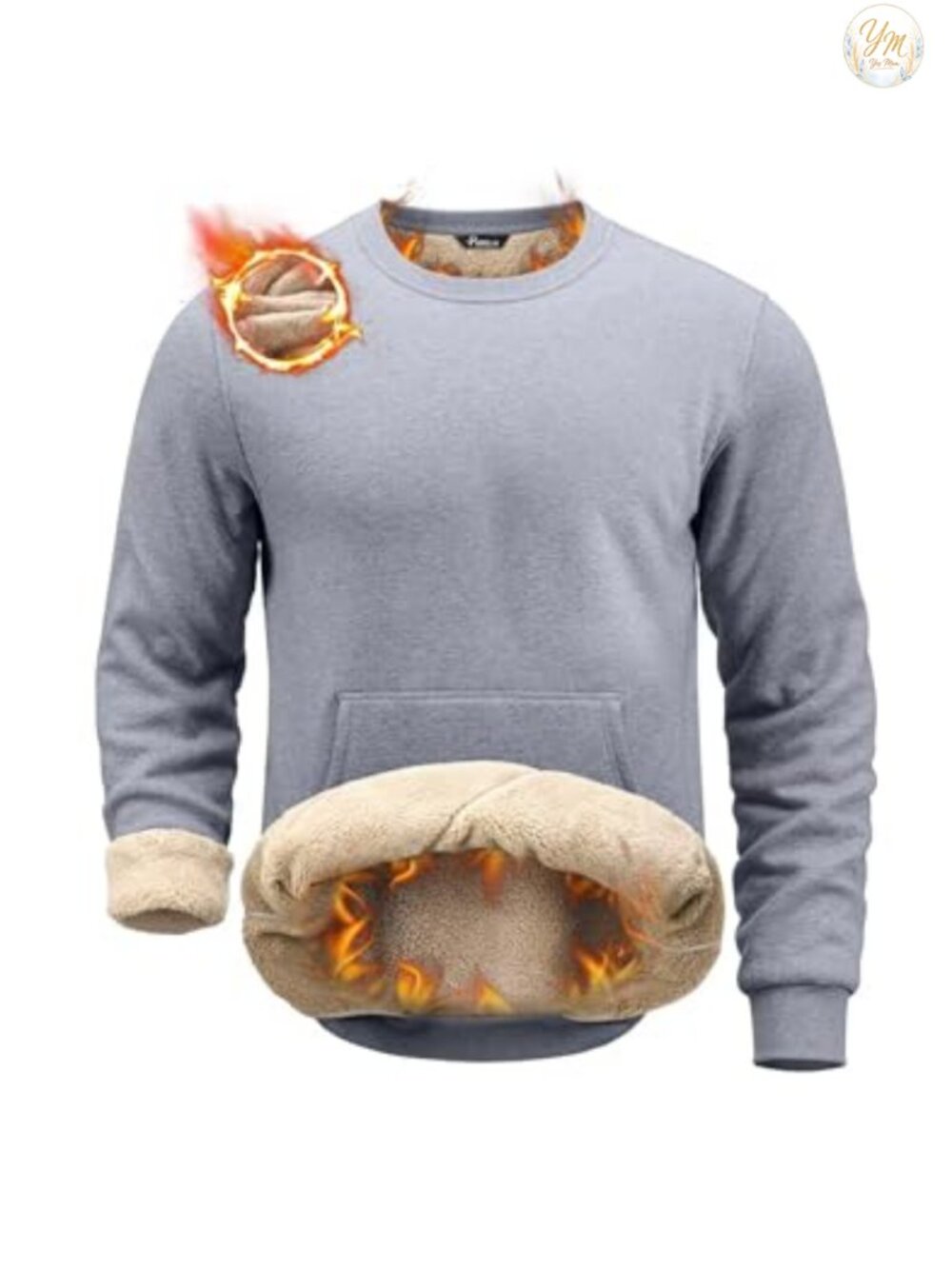 Men's Sherpa Lined Sweatshirt Crewneck Heavyweight Winter Pullover Kangaroo